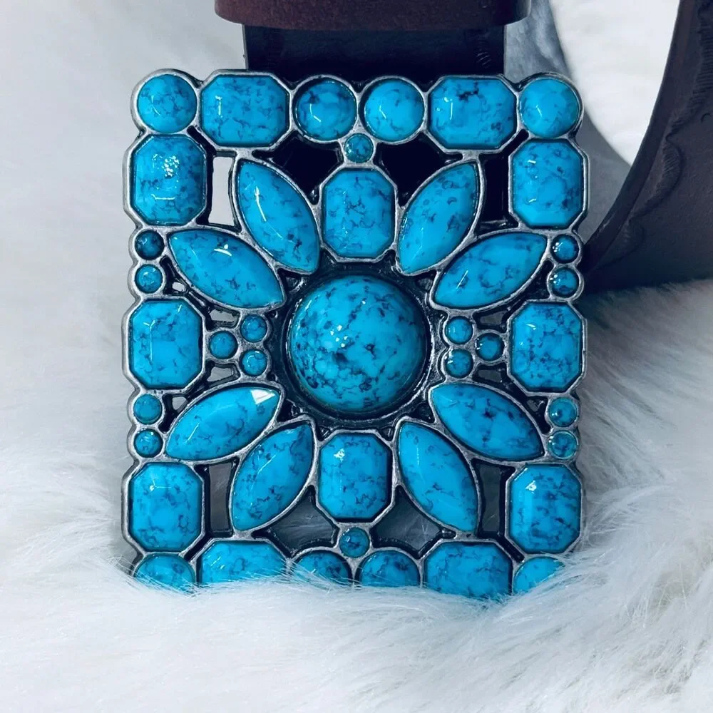 Western Boho Faux Turquoise Mosaic Buckle Belt Brown M (29.5-33.5) Waist Cowgirl